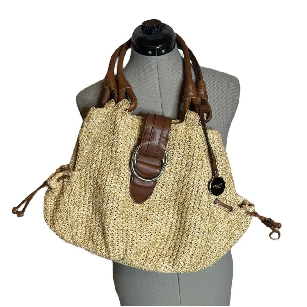 Woven Straw Tote Bag with Brown Leather Accents